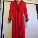 Vintage 1970s Red Low V Neck Ruffle Long Sleeve..