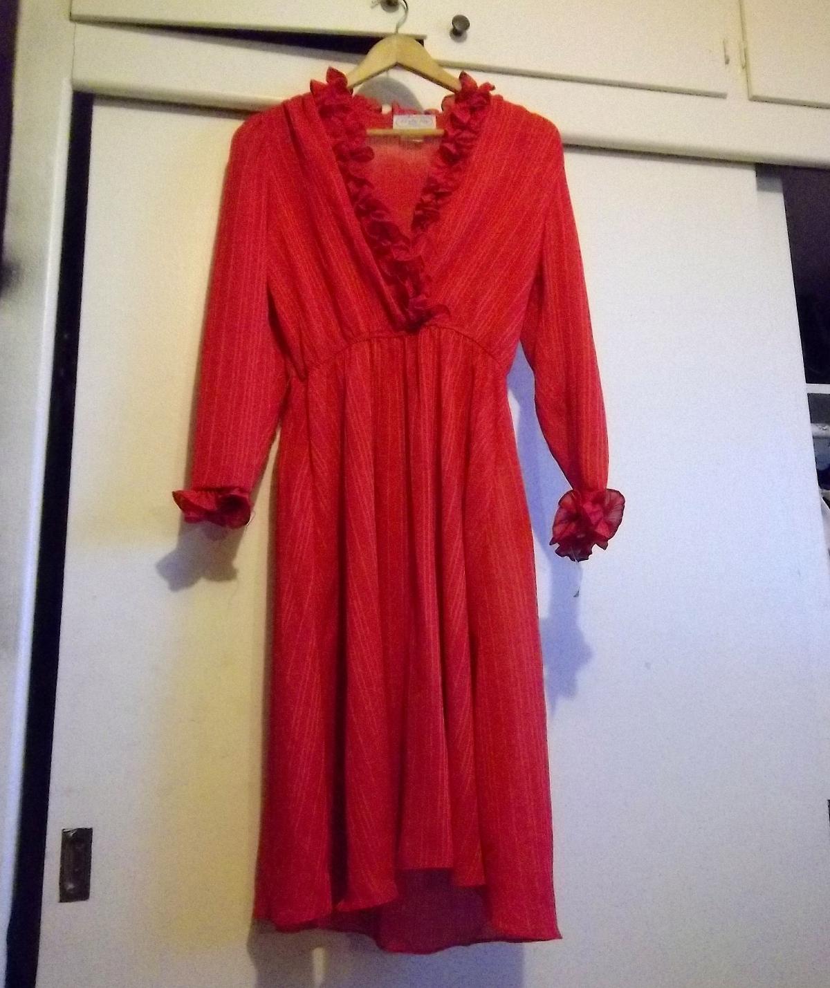 Vintage 1970s Red Low V Neck Ruffle Long Sleeve Dress